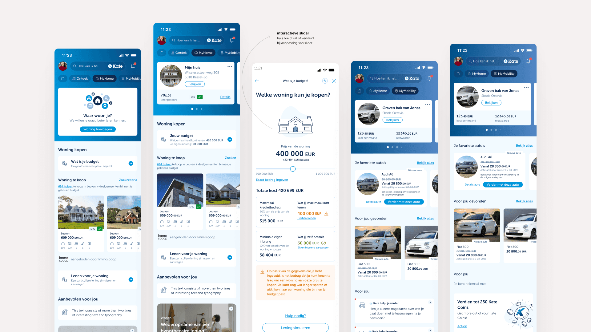 Schermen van MyHome en MyMobility in KBC Mobile