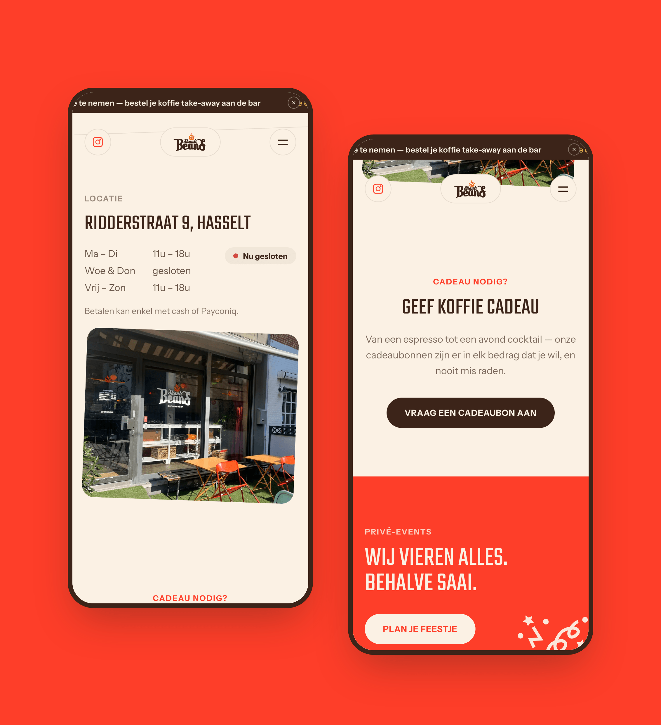 De locatie met live openingsuren en de cadeaubonnen op mobiel
