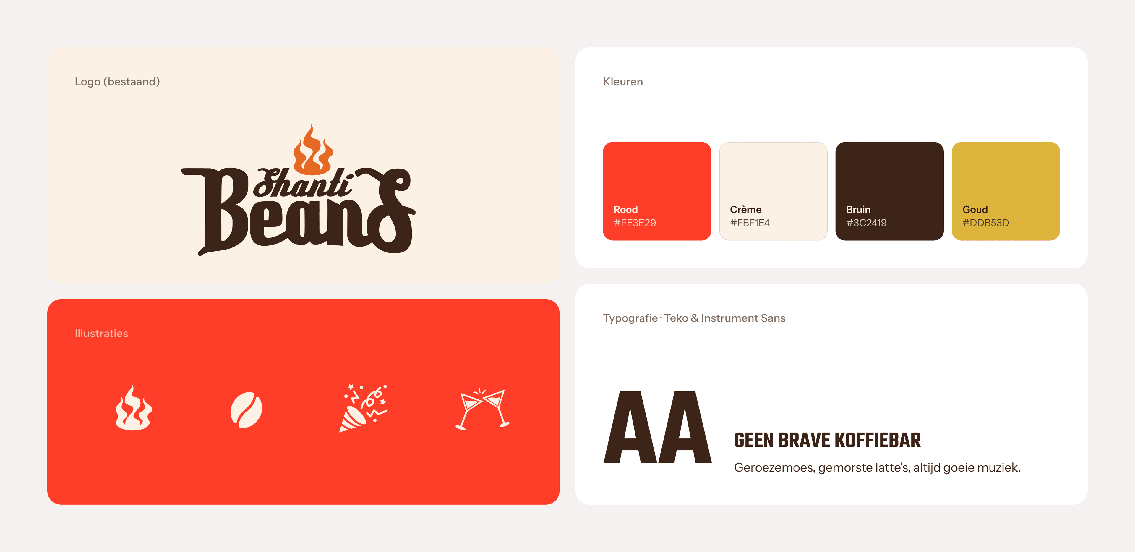Merkoverzicht met logo, kleuren, typografie en illustraties